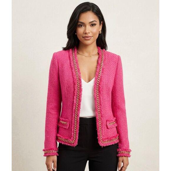 WD-NY Jackets & Blazers - WD-NY Blazer Tweed Fringe Gold Chain Open Front Hot Pink Medium